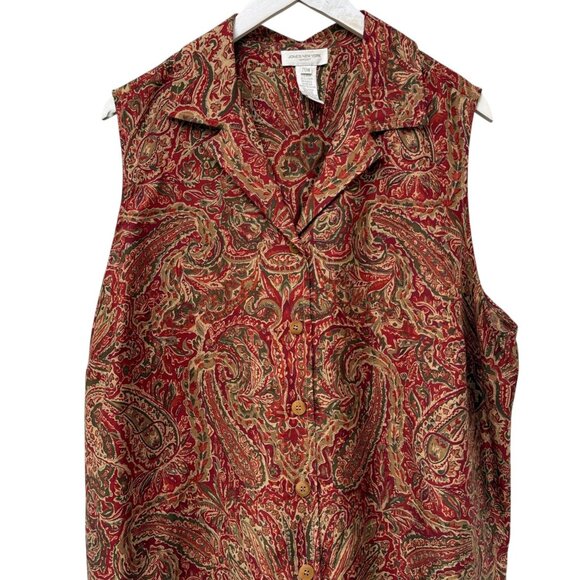 JONES NY Sleeveless Blouse Plus Size 20W Silk Linen Rust Red Paisley Womens Top - Picture 2 of 7